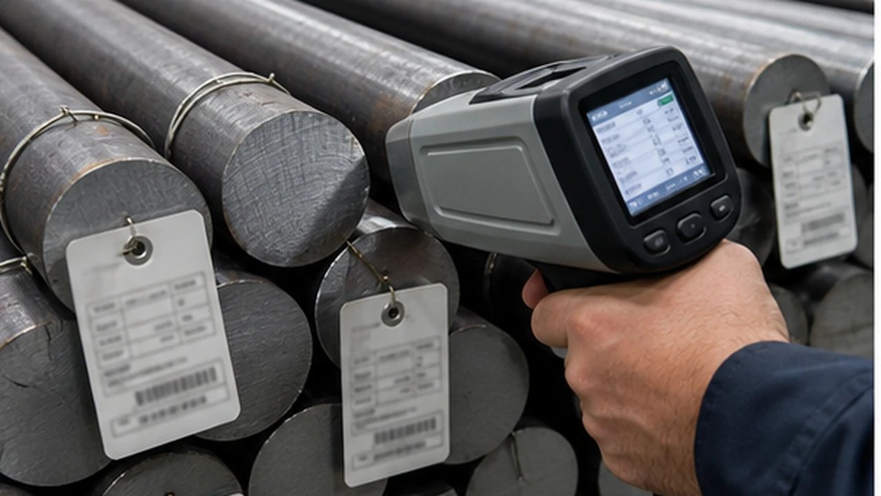 A handheld material analyzer held against identified metal stock.