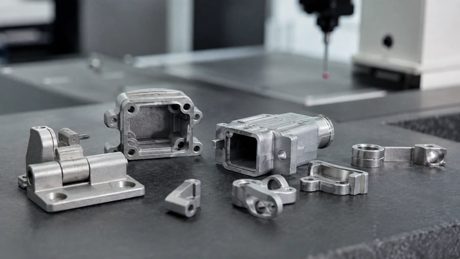 Cast and machined housings with a bracket on a workbench.
