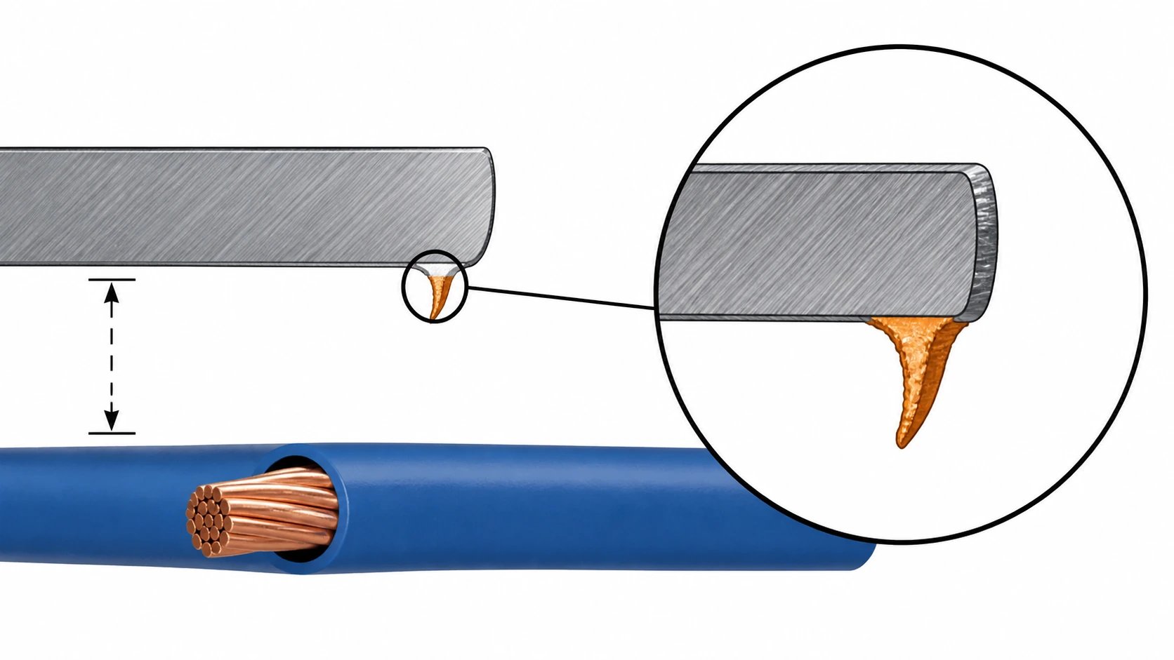 Exaggerated stamped-edge burr near a cable route