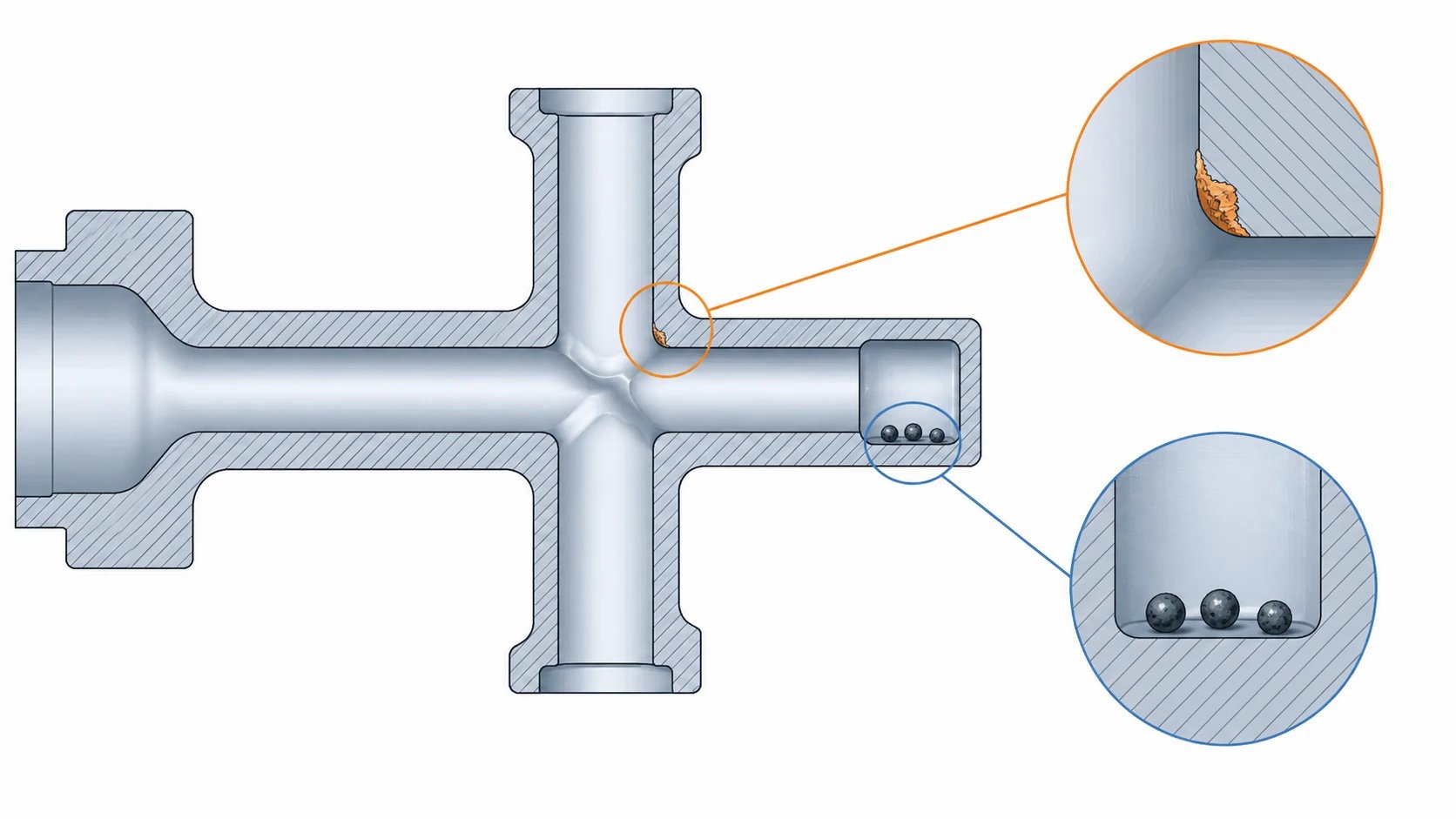 Section concept distinguishing an attached edge burr from loose particles in a blind pocket