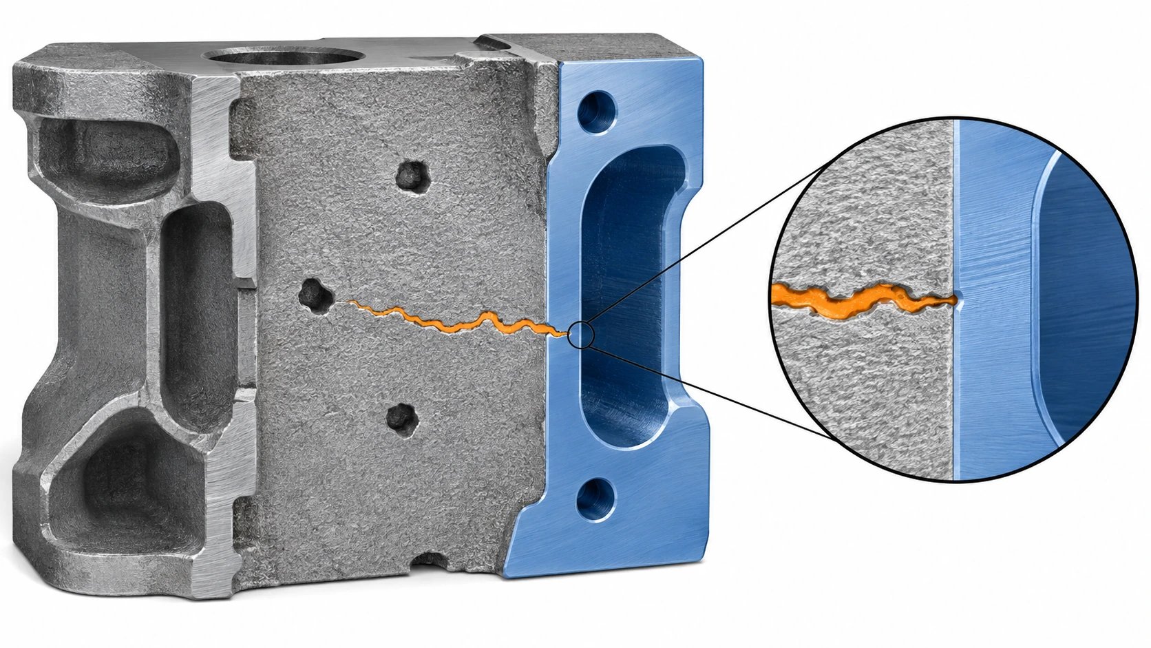 Conceptual section showing isolated pores and a highlighted path to a machined surface