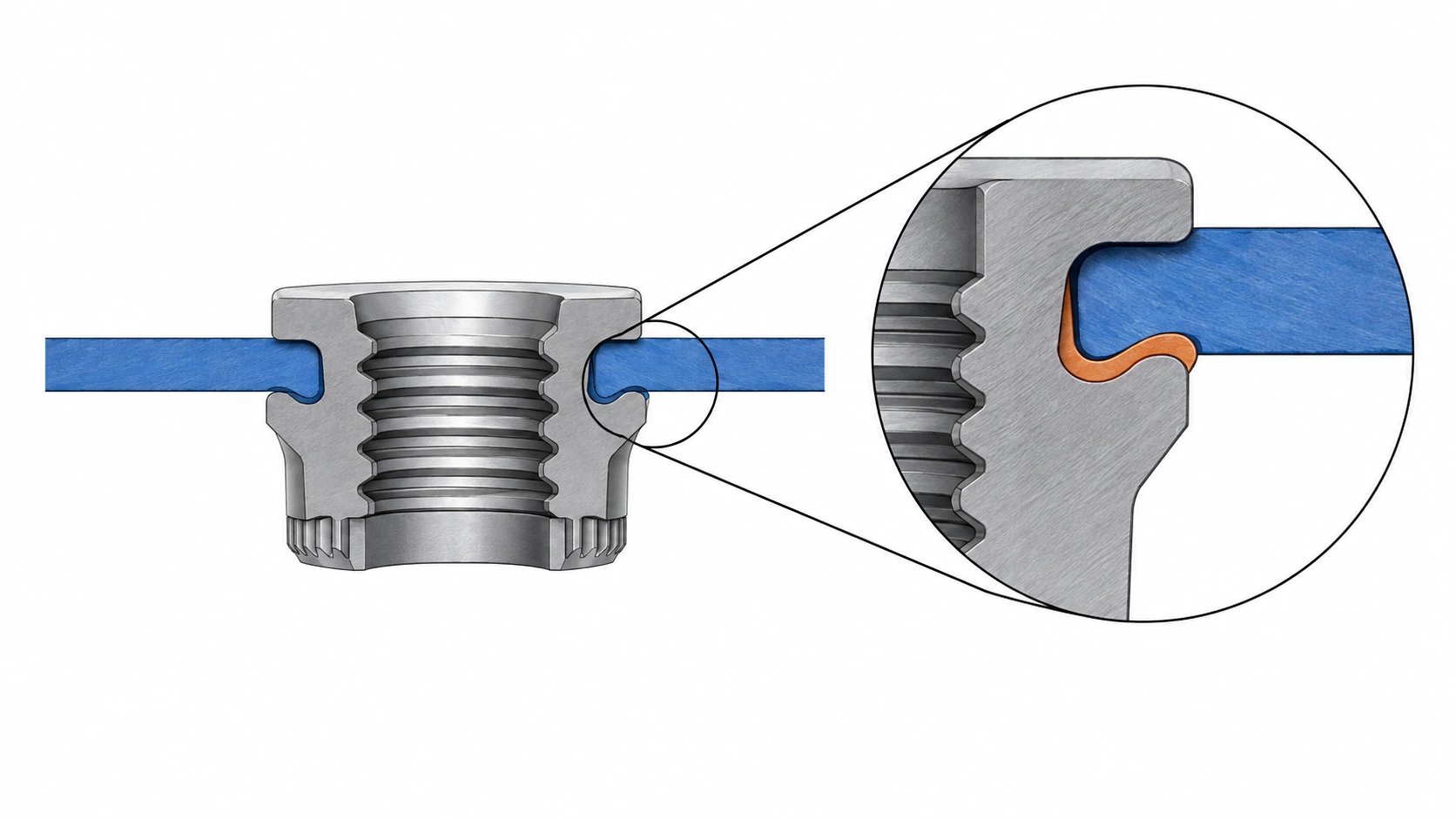 Conceptual clinch retention section showing sheet material captured at the fastener undercut