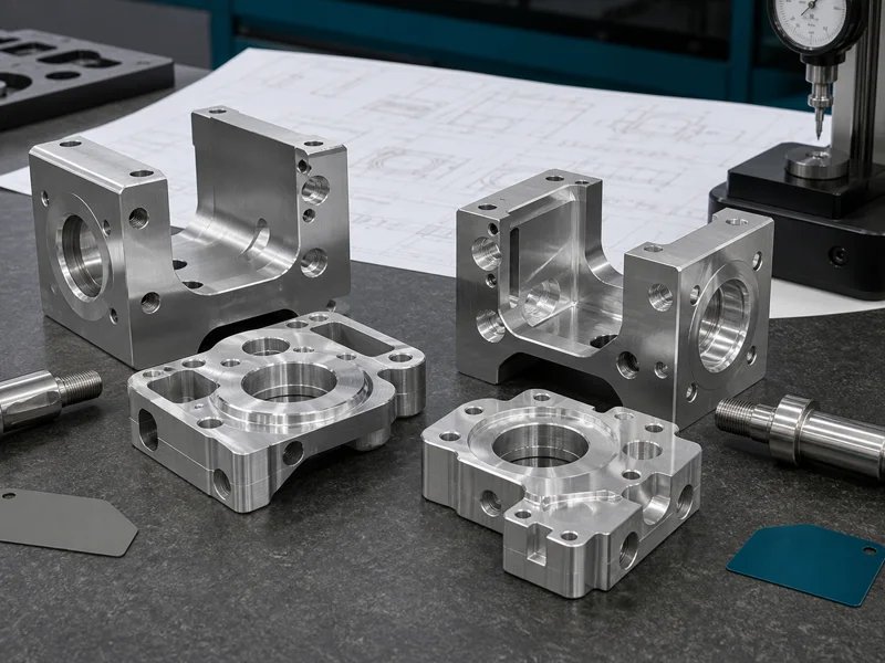 Machined metal housings and brackets on an inspection table.